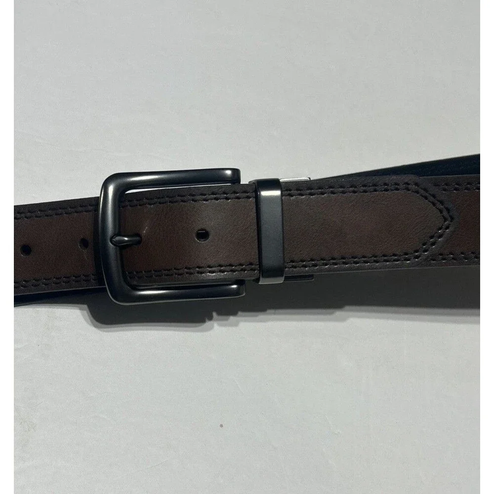 Men's Reversible Black Brown Leather Belt Gunmetal Buckle Size 46-48 / 115-120